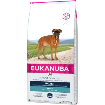 Eukanuba ras-specifiek droog hondenvoer voor Boxers, met een Boxer-hond op de zak, gelabeld "Volwassen" en "12kg."