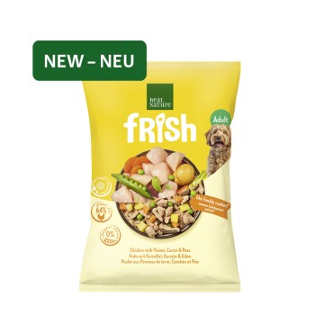 Gelbe Real Nature frish Hundefuttertüte für Erwachsene zeigt Schüssel mit Huhn, Kartoffel, Karotte & Erbsen und grünes 'NEW - NEU'-Label.