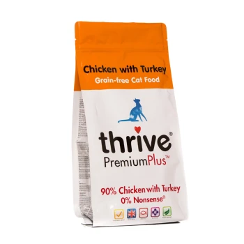Un sac de nourriture pour chat Thrive PremiumPlus sans céréales, "Poulet avec Dinde," avec une silhouette de chat bleu et une étiquette "90% Poulet, 0% Nonsense."
