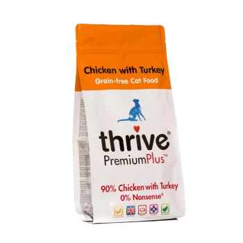 Eine Tüte Thrive PremiumPlus getreidefreies Katzenfutter, "Huhn mit Truthahn," mit einer blauen Katzensilhouette und dem Etikett "90% Huhn, 0% Unsinn."