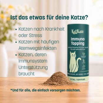 KatKare Immuno Topping-Dose und Pulver; deutscher Text „Ist das etwas für deine Katze?“ erwähnt Immununterstützung für Katzen.