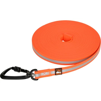 Bright orange dog leash coiled neatly, featuring a reflective strip and a sturdy black metal clip for secure attachment.