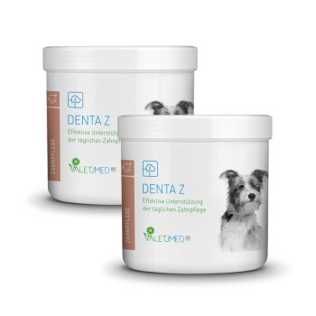 Behälter des dentalen Pflegeprodukts "Zahnstein-Entferner" für Haustiere, mit einer Illustration von Hund und Katze, gebrandet von VALETUMED PET.