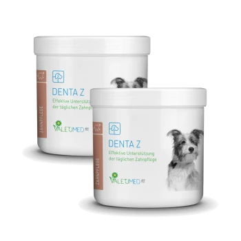 Behälter des dentalen Pflegeprodukts "Zahnstein-Entferner" für Haustiere, mit einer Illustration von Hund und Katze, gebrandet von VALETUMED PET.