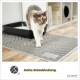 Eine dreifarbige Katze läuft auf einer strukturierten grauen Matte vor einer schwarzen Katzentoilette, mit dem Text "Hohe Streubindung" und dem Markenlogo "pliupet" sichtbar.
