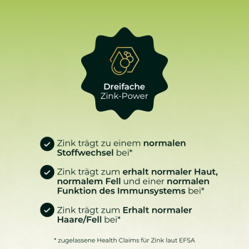 Grünes Abzeichen „Dreifache Zink‑Power“ mit Aufzählung: Zink unterstützt normalen Stoffwechsel sowie Haut, Fell und das Immunsystem