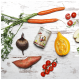 Eine Dose "DOG'S LOVE" Hundefutter, umgeben von frischem Gemüse: zwei Karotten, eine Rübe, eine Süßkartoffel, Kirschtomaten und einem halbierten Kürbis.