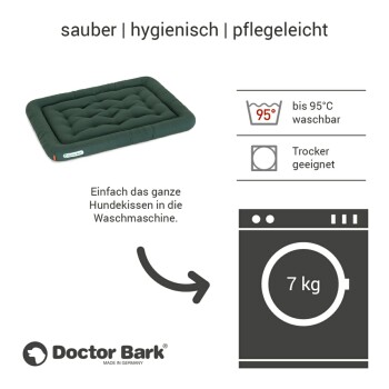 Grünes Hundebett mit gestepptem Design, beschriftet mit "Doctor Bark", mit Waschhinweisen: maschinenwaschbar bis 95°C und trocknergeeignet.