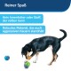 Ein verspielter Hund beschäftigt sich mit bunten Kauspielzeugen. Text-Highlights: "Reiner Spaß," "Kein Innenfutter," und "Robustes Material."