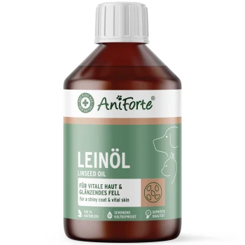 AniForte Leinöl, braune Flasche mit grünem Etikett, Aufschrift 'Für glänzendes Fell & vitale Haut', Hund- und Katzen-Silhouetten.