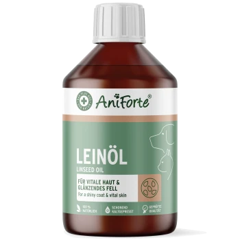 AniForte Leinöl, braune Flasche mit grünem Etikett, Aufschrift 'Für glänzendes Fell & vitale Haut', Hund- und Katzen-Silhouetten.