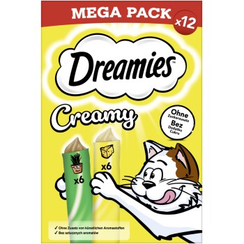 Dreamies Creamy Katzensnacks Megapack x12, ohne Zuckerzusatz oder künstliche Aromen, Cartoon-Katze greift nach Leckerlis.
