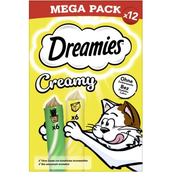 Dreamies Creamy Katzensnacks Megapack x12, ohne Zuckerzusatz oder künstliche Aromen, Cartoon-Katze greift nach Leckerlis.