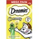 Dreamies Creamy Katzensnacks Megapack x12, ohne Zuckerzusatz oder künstliche Aromen, Cartoon-Katze greift nach Leckerlis.