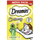 Dreamies Creamy Katzensnacks Megapack x12, ohne Zuckerzusatz oder künstliche Aromen, Cartoon-Katze greift nach Leckerlis.