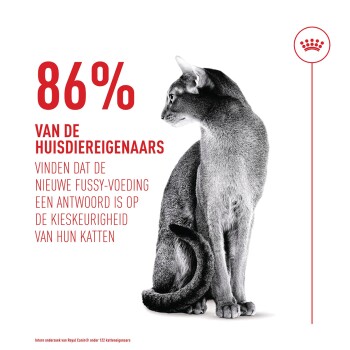 Grijze kat met grote rode '86%' en Nederlandse tekst over huisdiereigenaren die het nieuwe Fussy-voer goedkeuren; Royal Canin-kroonlogo.