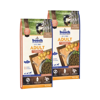 Deux sacs de nourriture pour chien Bosch étiquetés "Adulte" avec du saumon frais et des pommes de terre, avec des informations nutritionnelles et une image de chien.