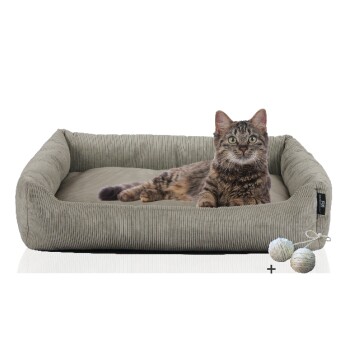 ® Katzenbett waschbar mit Gratis-Beigabe, robuster Fein-Cordstoff taupe