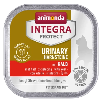 Animonda Integra Protect Urinary Hundefutterdose, mit einer Kalbsformel. Wichtige Details sind "HARN-PH < 6.5" und "KEIN GETREIDE."