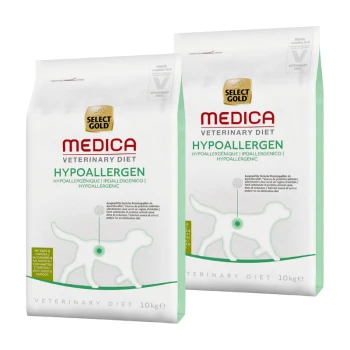 Dwie torby Select Gold Medica Veterinary Diet Hypoallergenic karmy dla psów, każda 10 kg, z zielono-białym wzorem i sylwetką psa.