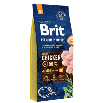 Worek karmy dla psów "Brit Premium by Nature" dla juniorów średnich ras, formuła z kurczakiem, 50% kurczaka, bez GMO.
