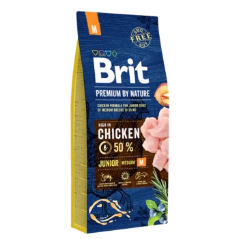 Tüte mit "Brit Premium by Nature" Hundefutter für junior mittelgroße Rassen, Hühnerformel, 50% Huhn, gentechnikfrei.
