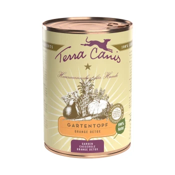 Gartentopf 6x400g Orange Detox Eine Dose Terra Canis Hundefutter mit der Aufschrift "Gartentopf Orange Detox" mit Gemüseillustrationen und dem Text "100% Natur".
