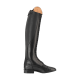 Schwarze Lederreitstiefel mit hohem Schaft, geschnürtem Vorderteil und runder Zehenform, vor einem weißen Hintergrund präsentiert.