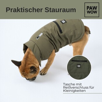 Ein Französischer Bulldogge in einer grünen Jacke schnüffelt am Boden, mit dem Text: "Praktischer Stauraum" und "Tasche mit Reißverschluss."