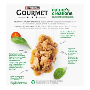 Nourriture pour chats PURINA GOURMET Nature's Creations : poulet en sauce avec épinards et tomate ; texte visible « nature's creations »