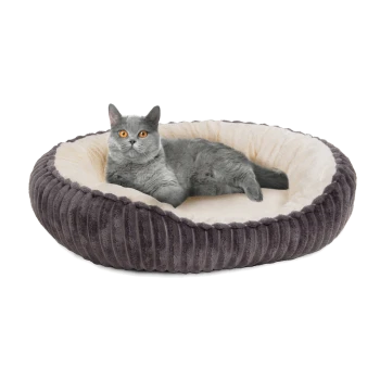 Eine graue Katze mit leuchtend orangefarbenen Augen, die bequem in einem plüschigen, runden Haustierbett mit dunklem grauen Außen- und weichem cremefarbenen Innenraum liegt.