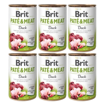 Sechs Dosen Brit Pâté & Meat Duck, grünes Etikett mit der Aufschrift "Getreidefrei" und "Soja- & GMO-frei," zeigt reines Pâté mit Fleischstücken.