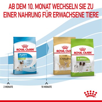 Verpackung von Royal Canin Haustierfutter für "Puppy X-Small" und "Chihuahua Adult," mit rotem und blauem Design. Der Text empfiehlt, das Futter nach 10 Monaten zu wechseln.