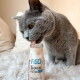 Graue Katze leckt aus einer Flasche mit der Aufschrift "Fisch Der Snack Für Jede Katze" auf einer weißen flauschigen Oberfläche.