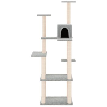 Katzenbaum mit mehreren Ebenen, Kratzpfosten und einem gemütlichen Versteck, mit einer sanften grauen Farbgebung.