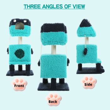 Drei Ansichten eines blau-schwarzen flauschigen Kratzbaums mit Pfotensymbolen, beschriftet mit Vorderseite, Rückseite und Seite.