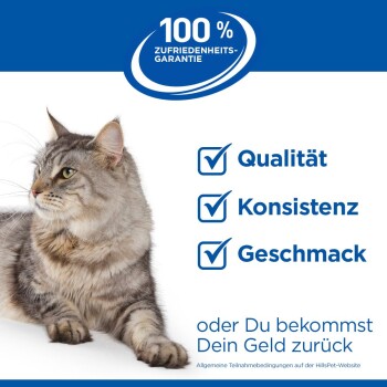 Grau getigerte Katze, die neben deutschem Text liegt, der 100 % Zufriedenheitsgarantie für Qualität, Konsistenz und Geschmack bietet.