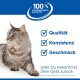 Grau getigerte Katze, die neben deutschem Text liegt, der 100 % Zufriedenheitsgarantie für Qualität, Konsistenz und Geschmack bietet.
