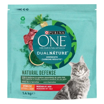 Sac de nourriture pour chats Purina ONE Dual Nature avec un chat gris, mettant en avant "Défense Naturelle" et des ingrédients incluant du bœuf.