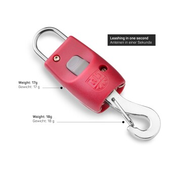 Roter Haustierleinenclip mit einem Schnellverschlussmechanismus, mit Gewichten von 17g und 18g, und dem Text "Leashing in one second."