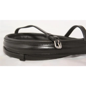 Nahaufnahme einer schwarzen Lederleine für Haustiere, mit glatter Oberfläche und silberner Metallschnalle, flach auf einem weißen Hintergrund ausgelegt.