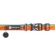 Bunter Hundehalsband von Ruffwear mit orangefarbenen, blauen und gelben Mustern, mit einem schwarzen Etikett und einer Schnalle.