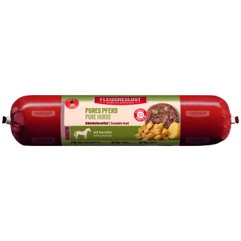 Rote Verpackung von "Fleischeslust Pure Horse" Haustierfutter, mit Bildern von Kartoffeln, mit Text, der 75% Fleisch, 9% Gemüse und 0% Getreide angibt.