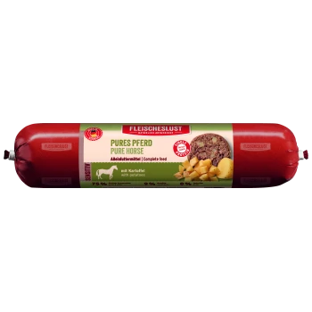 Rote Verpackung von "Fleischeslust Pure Horse" Haustierfutter, mit Bildern von Kartoffeln, mit Text, der 75% Fleisch, 9% Gemüse und 0% Getreide angibt.