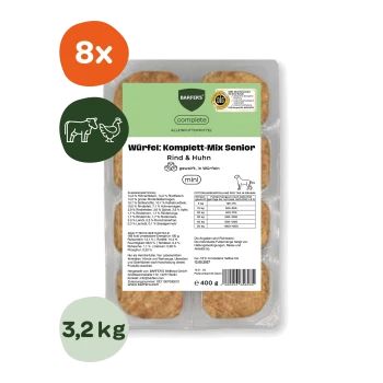 Schale mit acht BARFER'S 'Würfel: Komplett‑Mix Senior Rind & Huhn' Mini‑Hundewürfeln in durchsichtiger Schale, Etiketten zeigen '8x', '3,2 kg', '400 g'.
