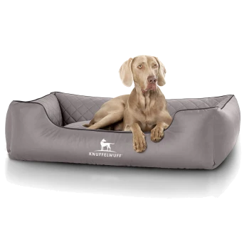 Ein hellgraßiges Hundebett mit einem gesteppten Design, das das Logo 'KNUFFELWUFF' zeigt, und ein Hund, der bequem darauf ruht.