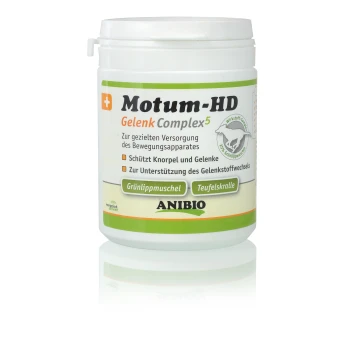 Contenant blanc de supplément articulaire pour animaux "Motum-HD Gelenk Complex5", mettant en avant la protection des articulations et le moule à lèvres vert.