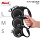 A hand holding three Flexi retractable dog leashes in black design, labeled S, M, and L, showcasing their compact size and functionality.