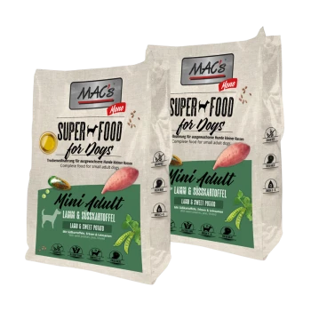 Deux sacs de MAC's Super Food pour chiens, étiquetés "Mini Adult" avec de l'agneau et de la patate douce, présentant des informations nutritionnelles et des ingrédients.