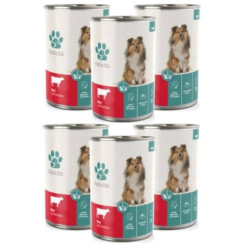 Sechs Dosen Fellicita Hundefutter mit einem Collie auf dem Etikett, mit der Aufschrift "Rind und Gemüse" für erwachsene Hunde.